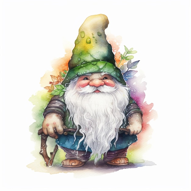 A cartoon of a gnome with a green hat and blue pants.