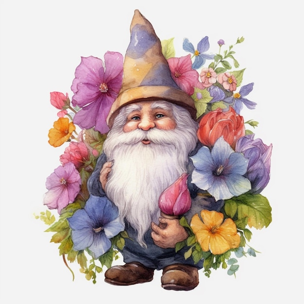 A cartoon of a gnome with a large flower in the middle.