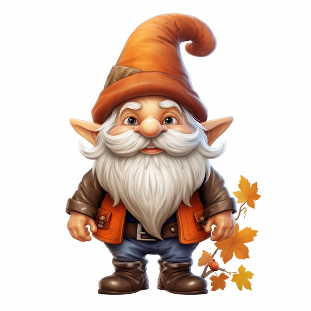 Cartoon gnome with a long beard and a hat holding a leaf generative ai