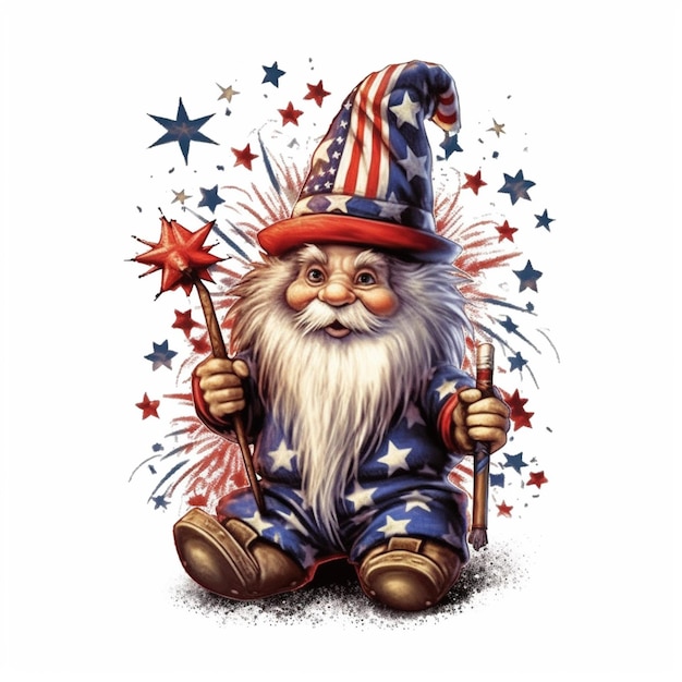 A cartoon of a gnome with stars and stripes on his hat.