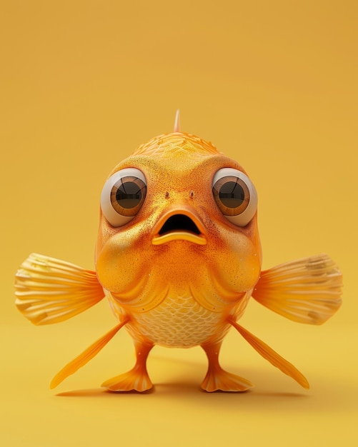 Photo a cartoon goldfish with big wide eyes looks up at the viewer