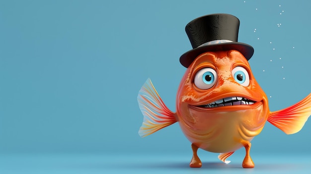 A cartoon goldfish with a top hat and a toothy grin