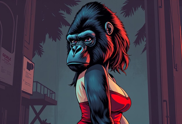 Photo a cartoon of a gorilla with a red shirt and a red skirt