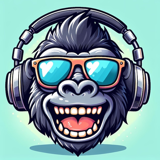 A cartoon gorilla with sunglasses and headphones smiles brightly