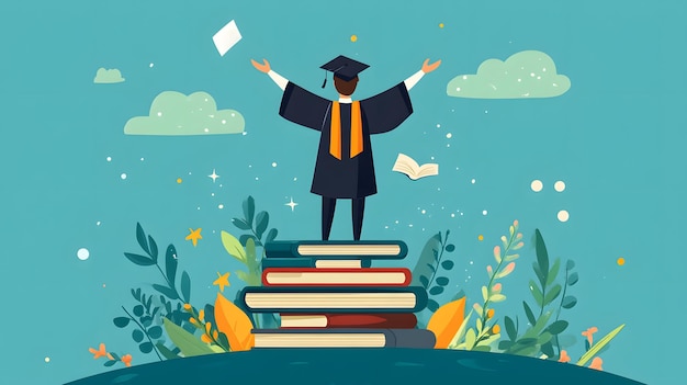 Photo a cartoon of a graduate with the words quot graduation quot on the top of a stack of books