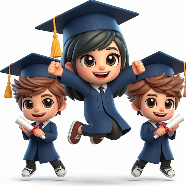 Photo cartoon graduating jumping kids mascot character 3d