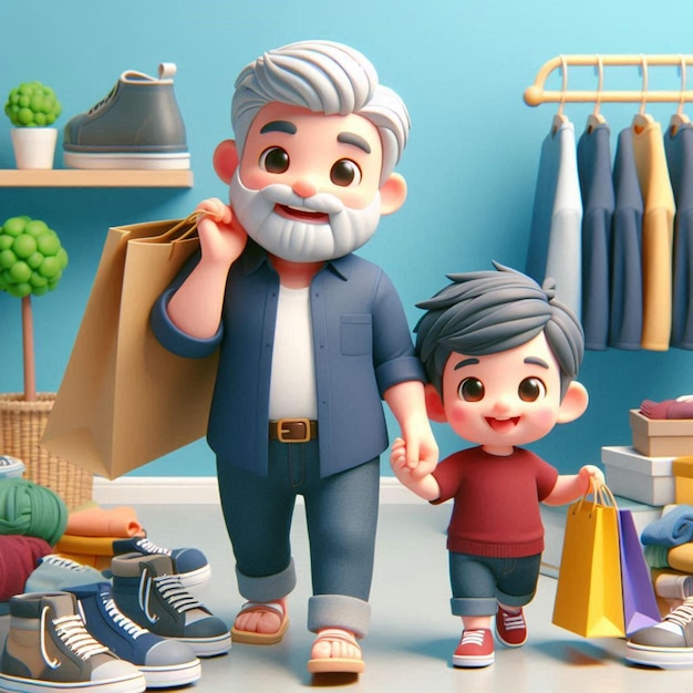 a cartoon of a grandfather and a boy holding hands