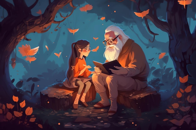 A cartoon of a grandparent reading a book with a girl