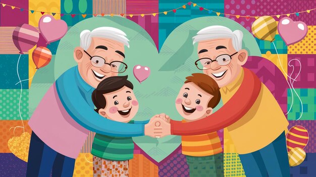 a cartoon of grandparents and their son holding hands together