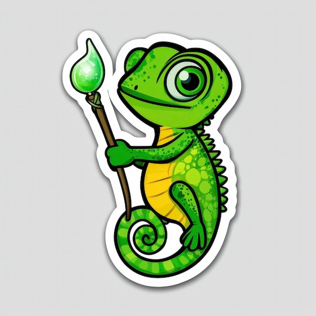 Photo cartoon green chameleon holding a magic wand