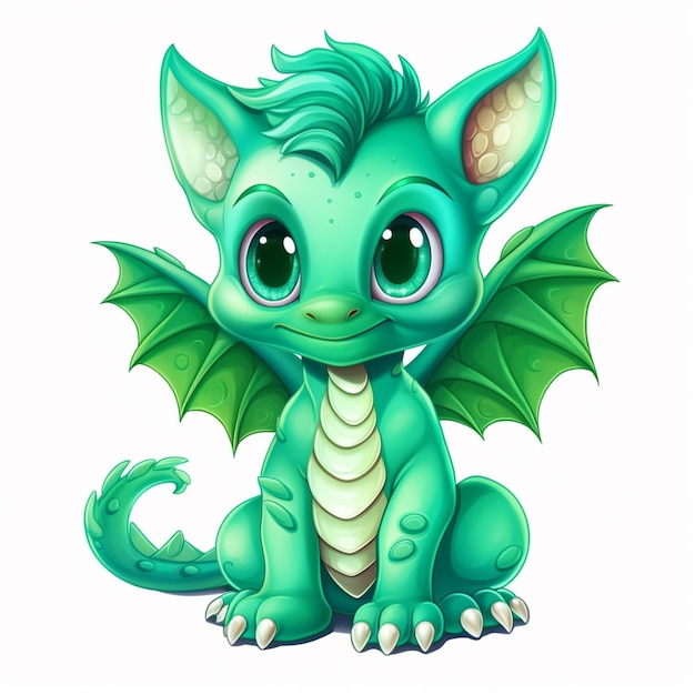 cartoon green dragon sitting on the ground with big eyes generative ai