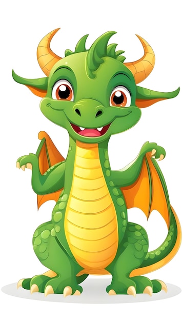 Photo a cartoon green dragon with orange eyes and a white background