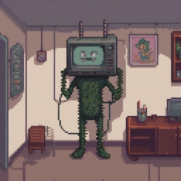 Photo a cartoon of a green robot with a screen that says  the word  on it