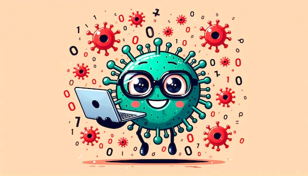 Photo a cartoon of a green virus with glasses and a laptop on his face