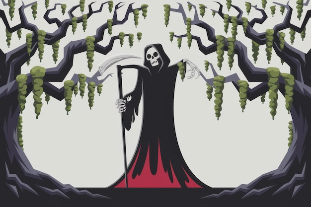 Cartoon Grim Reaper Illustration Twisted Trees Vines Halloween horror macabre themes