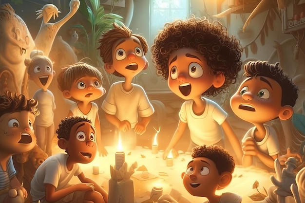 A cartoon of a group of kids sitting around a table with one of them saying'pixar '