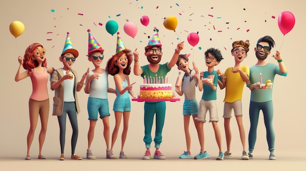 a cartoon of a group of people celebrating with a birthday cake