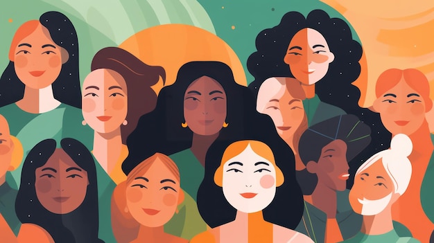 Cartoon group portrait of multiethnic young women standing together and looking at camera