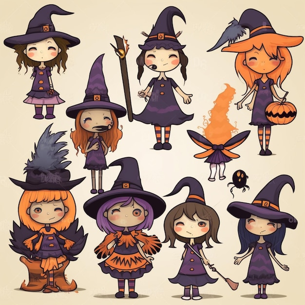 A cartoon of a group of witches with one of them wearing a purple witch hat.