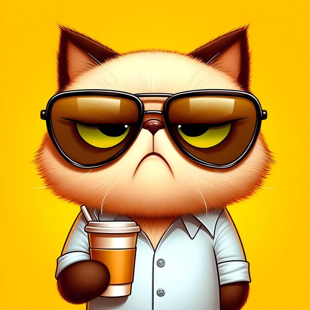 a cartoon of a grumpylooking cat wearing oversized sunglasses and sipping coffee