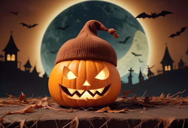 Cartoon Halloween realistic pumpkin wearing which hat isolated