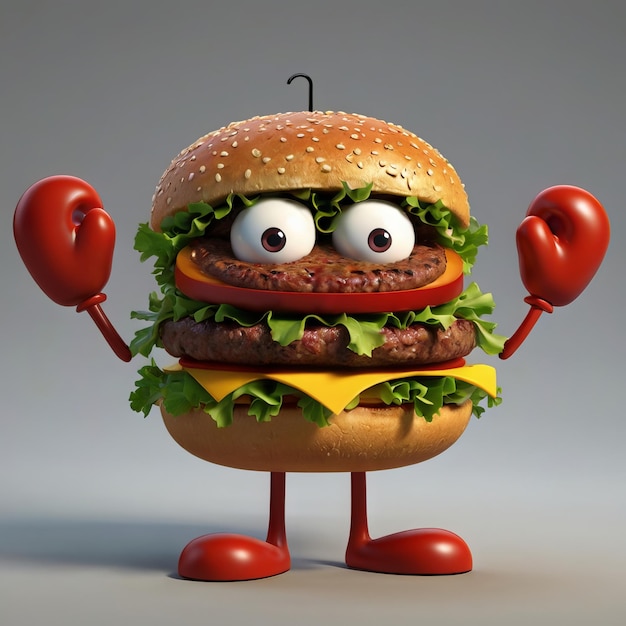 a cartoon of a hamburger with a face and a big red ball of meat on it AI Generated