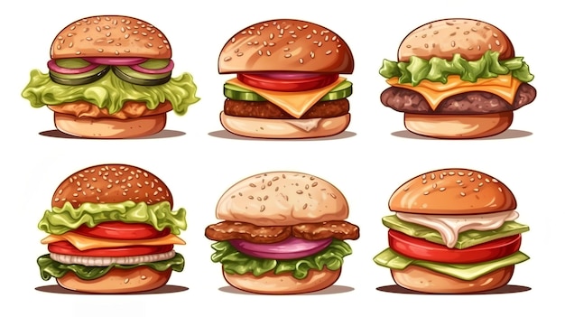 A cartoon hamburgers with different toppings.