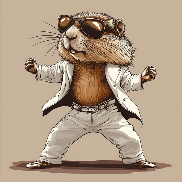 Photo cartoon hamster dressed in white suit and sunglasses dancing