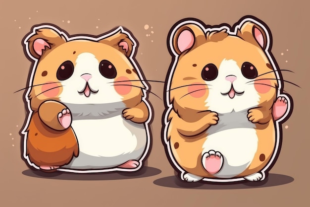 A cartoon hamster and a hamster are holding a small brown and white mouse.