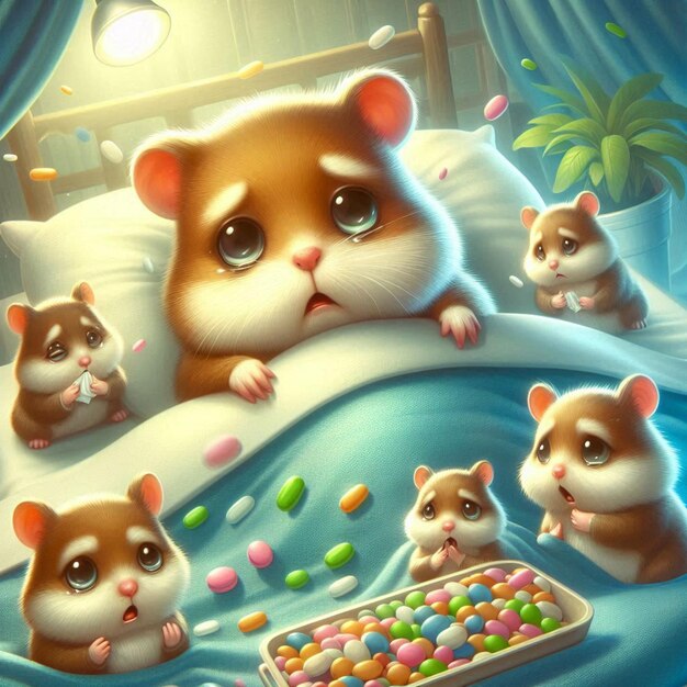 a cartoon of a hamster with a box of candy in the middle of the picture