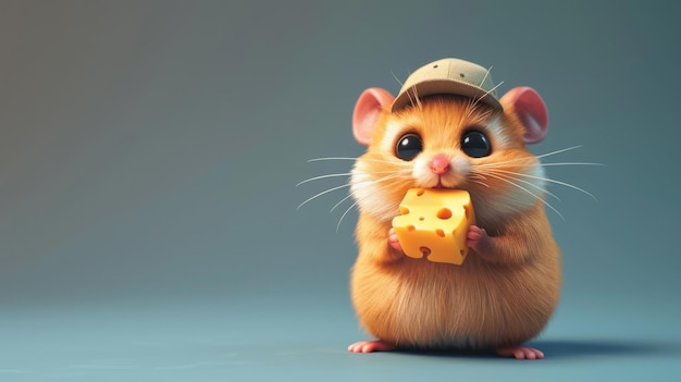 Cartoon hamster with cheerful expression wearing tiny hat and holding a piece of cheese Copy space