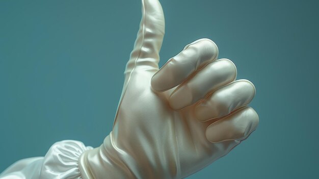 The cartoon hand of a doctor in a medical glove is shown with two fingers or a victory gesture against a blue background