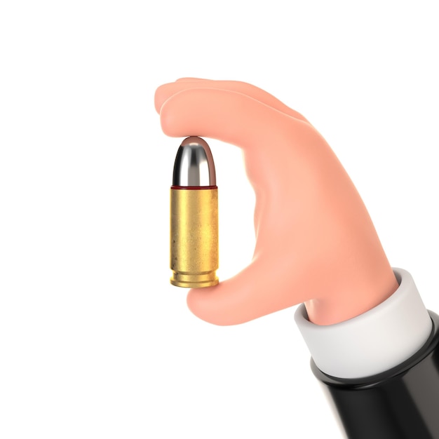 Cartoon Hand Holding 9 mm Metal Gun Bullet on a white background. 3d Rendering