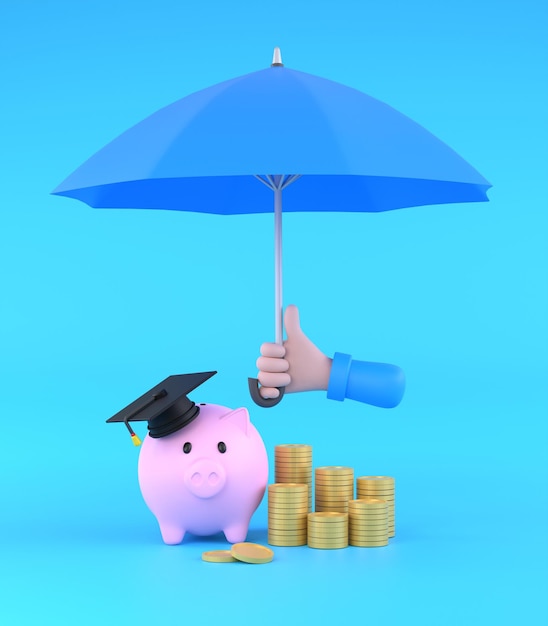 Cartoon hand holding blue umbrella to protect piggy bank and money education plan concept