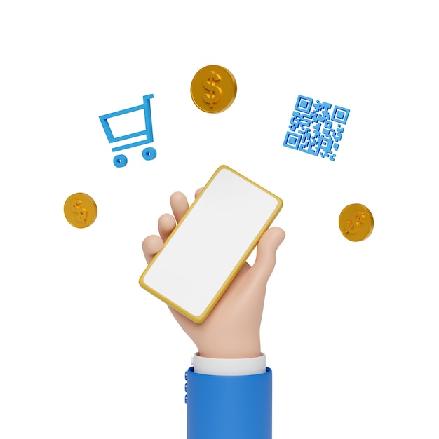 Cartoon hand holding a mobile phone with coins, shopping cart and QR code floating isolated.