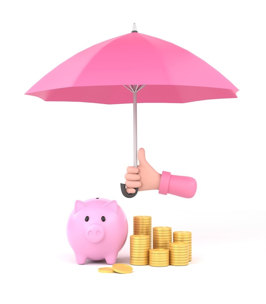 Cartoon hand holding pink umbrella to protect money illustration for savings concept