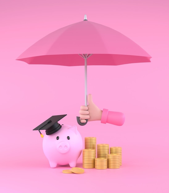 Cartoon hand holding pink umbrella to protect piggy bank and money education plan concept