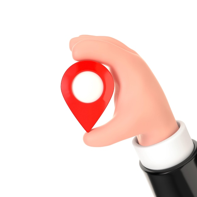 Cartoon Hand Holding Red Map Pointer Pin on a white background. 3d Rendering