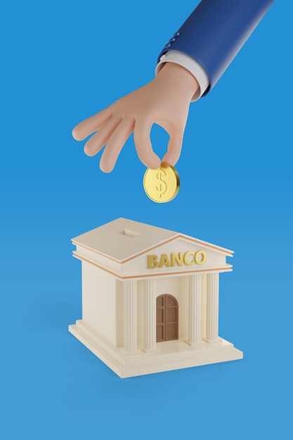 Cartoon hand putting a coin in a moneybox shaped like a bank building with bank text in spanish 3d illustration