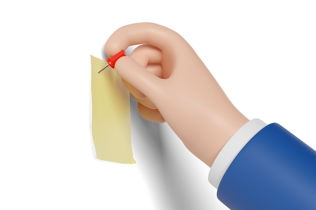 Cartoon hand putting a pin in a note isolated