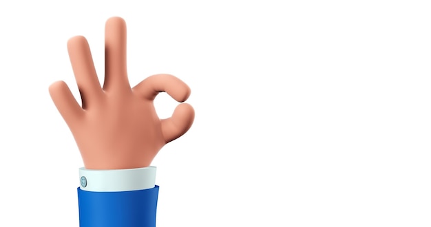 Cartoon hand shows the OK gesture The hand of a cartoon character in a jacket Business concept