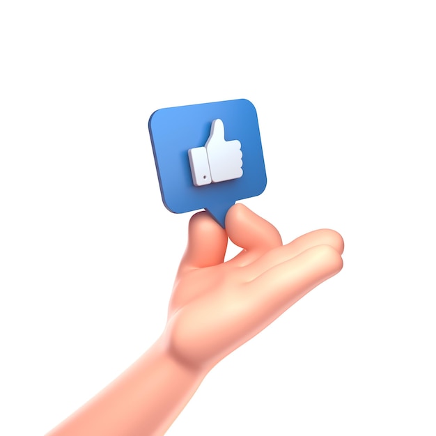 Cartoon Hand with Like icon on a blue pin isolated on white background 3d illustration