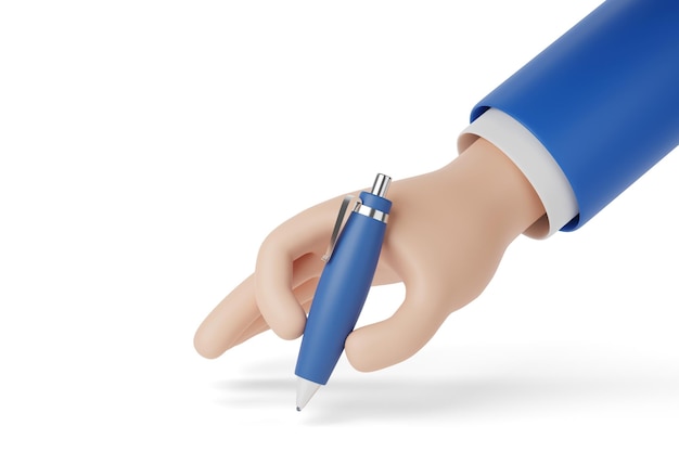 Cartoon hand with pen isolated on white background 3d illustration