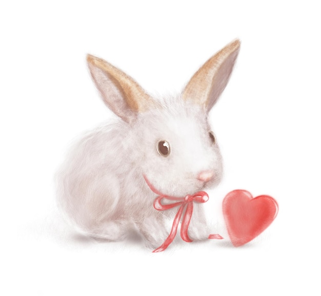 Cartoon handdrawn rabbit with a red ribbon and a heart