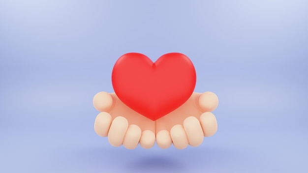 Cartoon hands hold Heart Symbol, a Message of Love. 3d render illustration