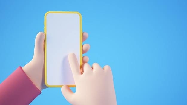 Cartoon hands holding yellow blank smartphone