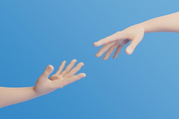 Cartoon hands reaching out to each other on a blue background 3D render illustration