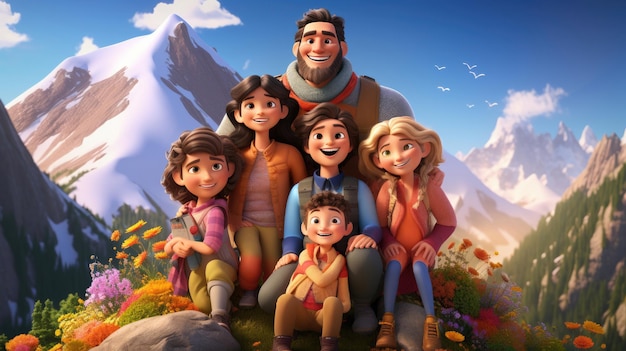 Cartoon Happy big family hugging together in mountains