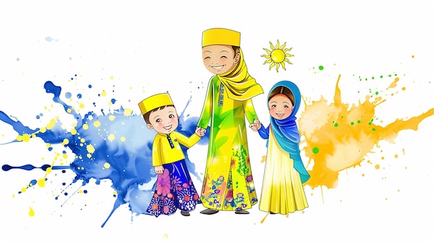 A cartoon happy Bruneian family