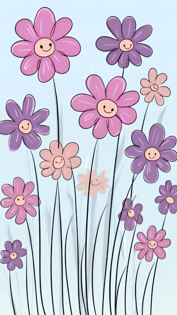 Photo cartoon happy flowers on a light blue background